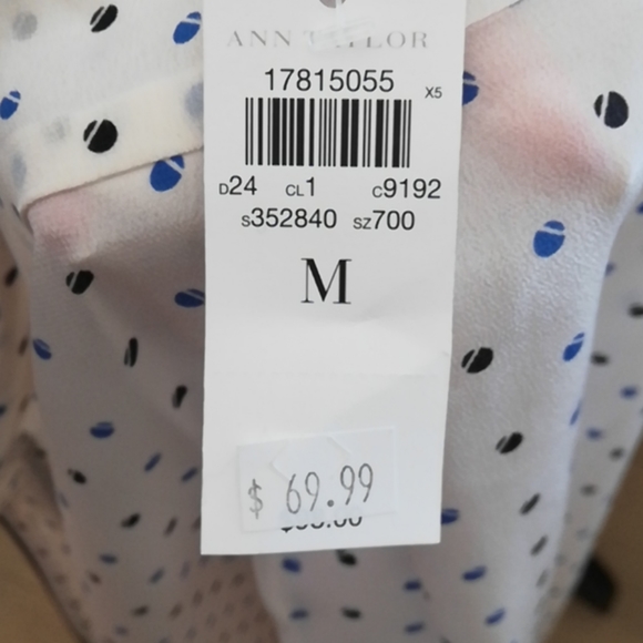 White Blouse with Navy and Blue Circles/Dots (NWT) - Picture 9 of 11
